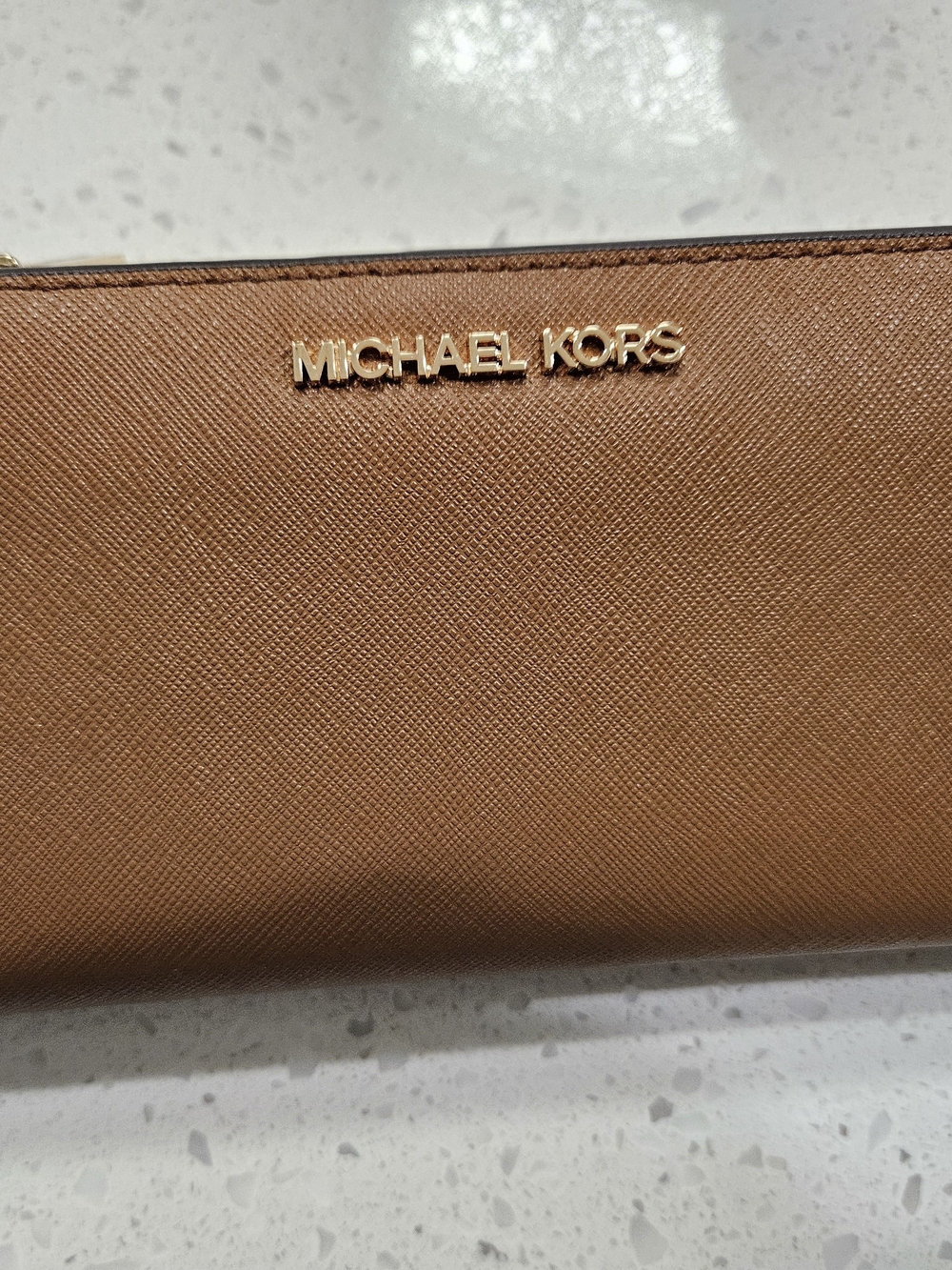 Michael Kors Caramel Saffiano Zip Wallet with Gold Logo